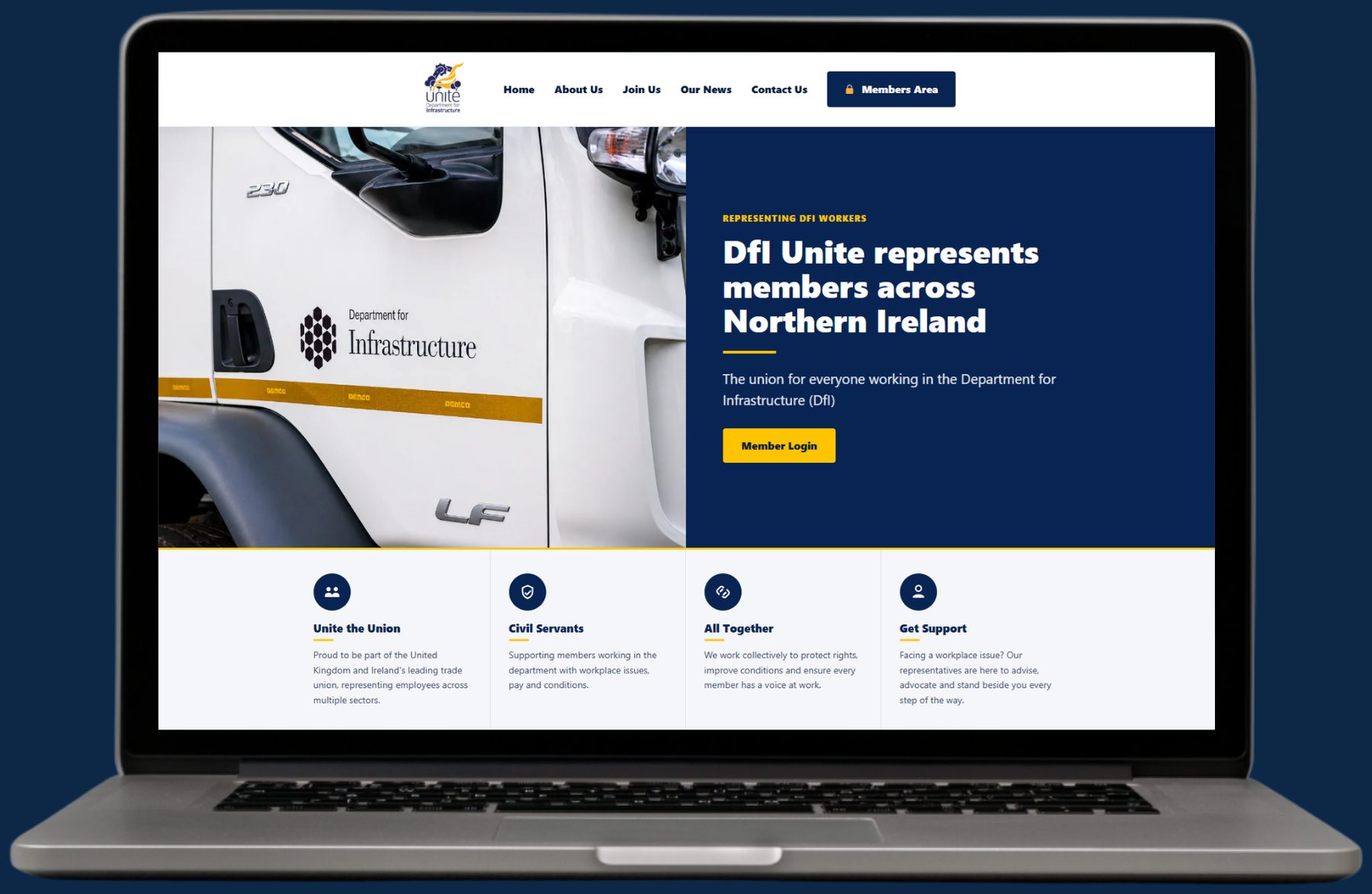 The DfI Unite union website built by The Website Pal, shown on a laptop
