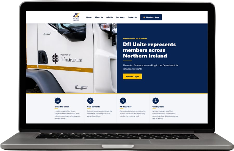The DfI Unite union website built by The Website Pal, shown on a laptop