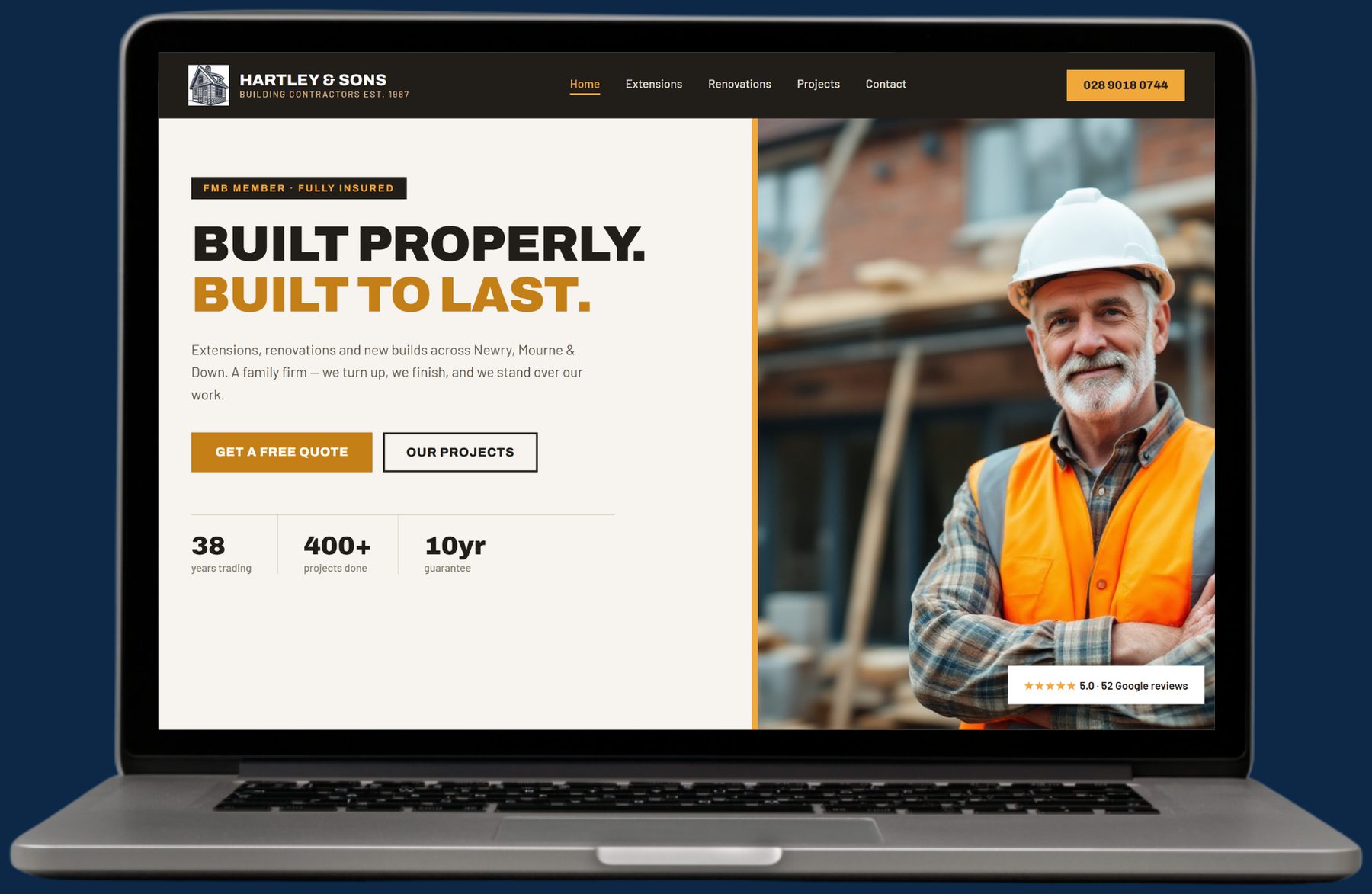 Example building website by The Website Pal — Hartley & Sons Builders demo site on a laptop