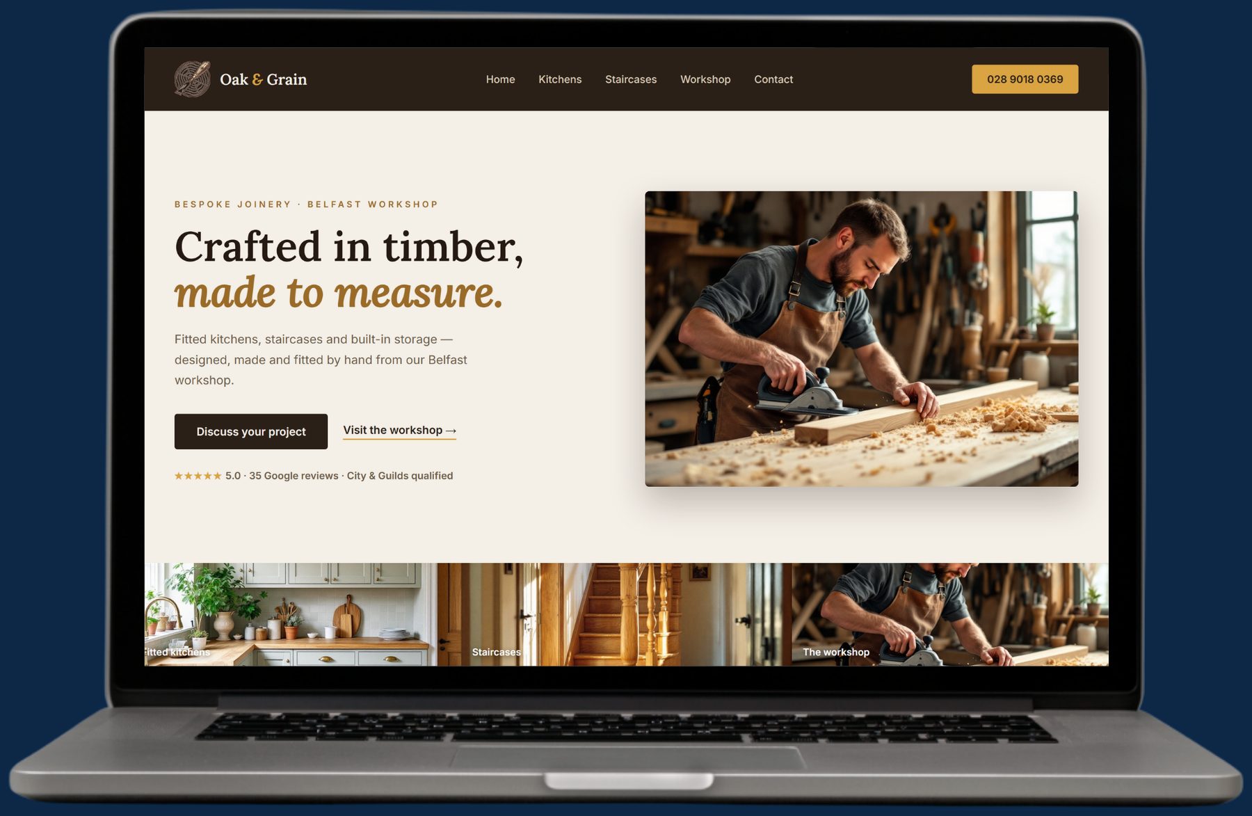 Example carpentry website by The Website Pal — Oak & Grain Joinery demo site on a laptop