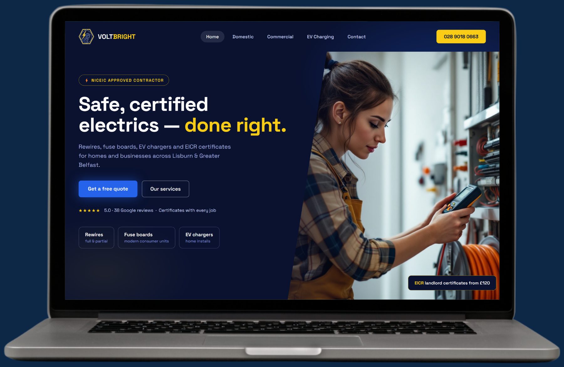 Example electrical website by The Website Pal — Voltbright Electrical demo site on a laptop