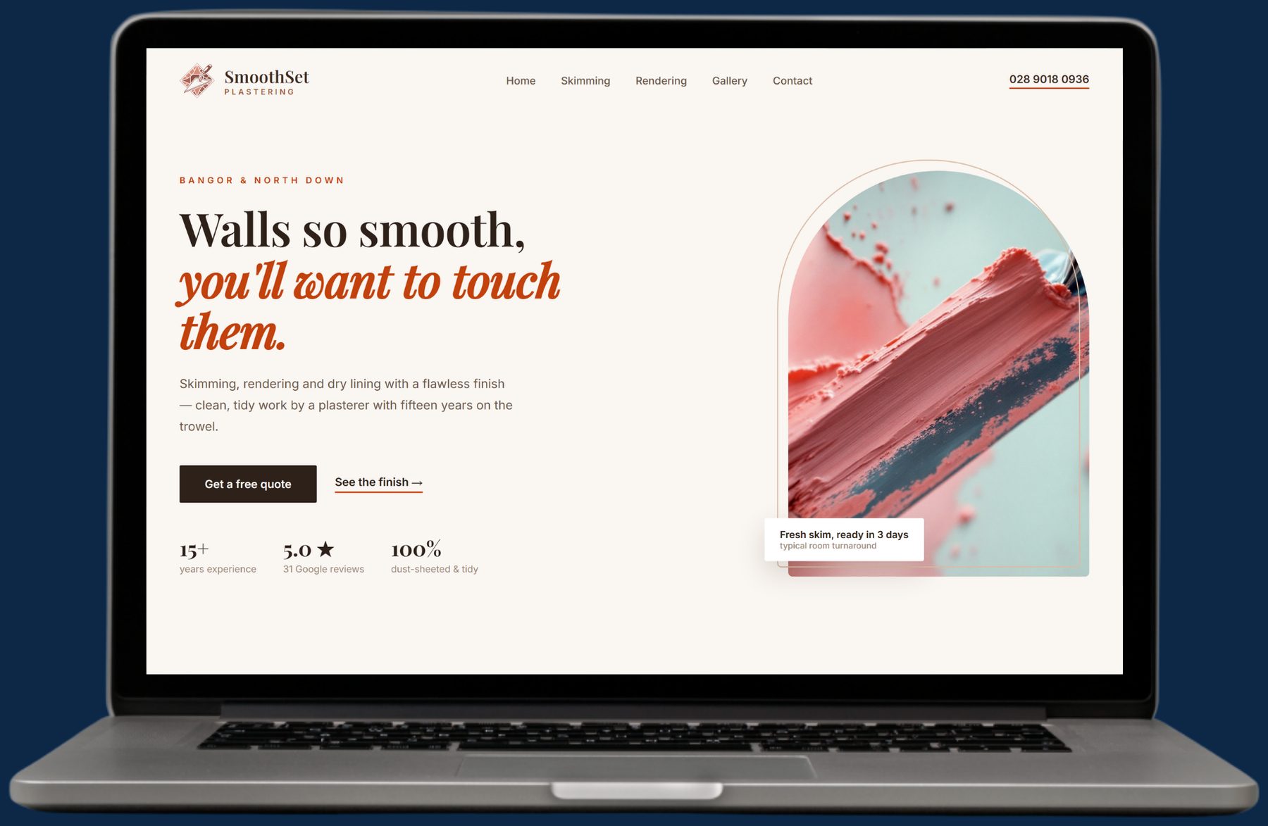 Example plastering website by The Website Pal — SmoothSet Plastering demo site on a laptop