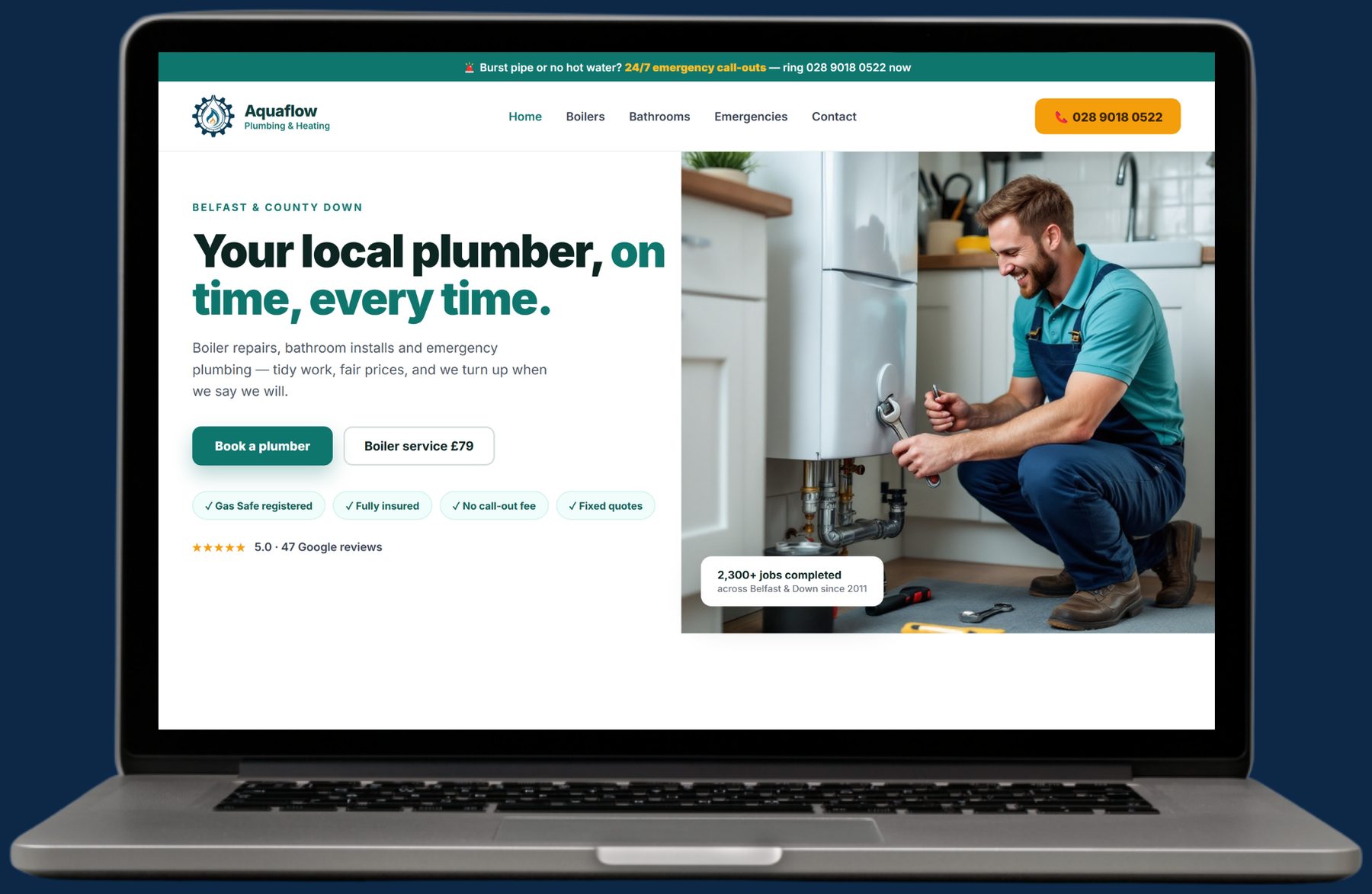 Example plumbing website by The Website Pal — Aquaflow Plumbing & Heating demo site on a laptop