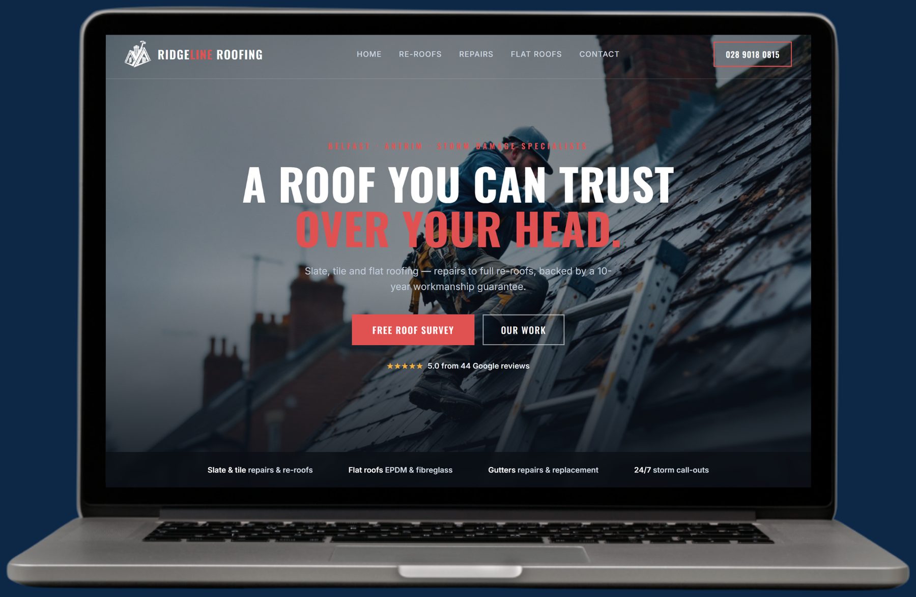Example roofing website by The Website Pal — Ridgeline Roofing demo site on a laptop