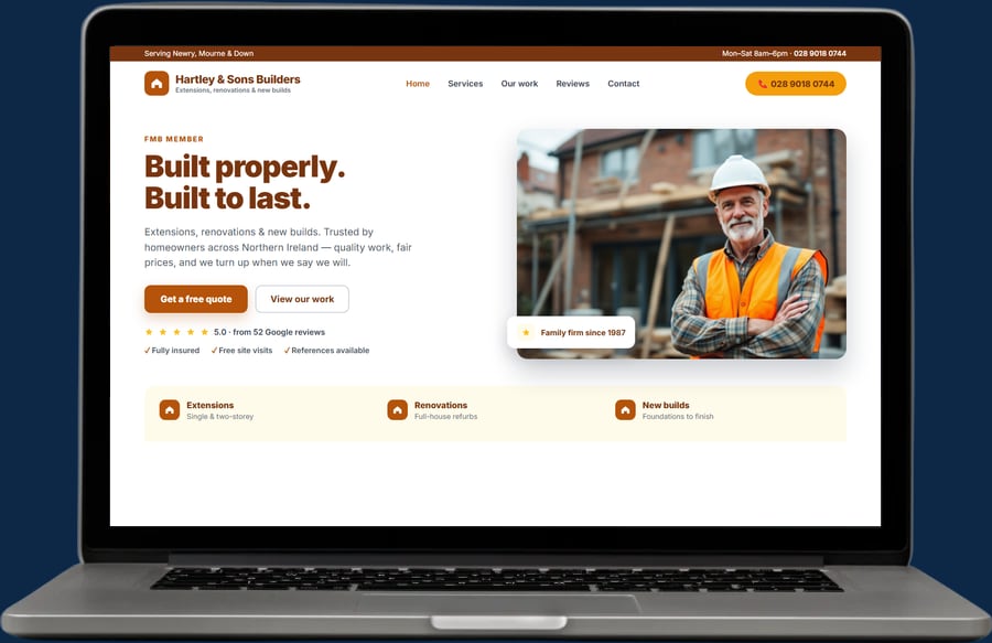 Example building website by The Website Pal — Hartley & Sons Builders demo site on a laptop