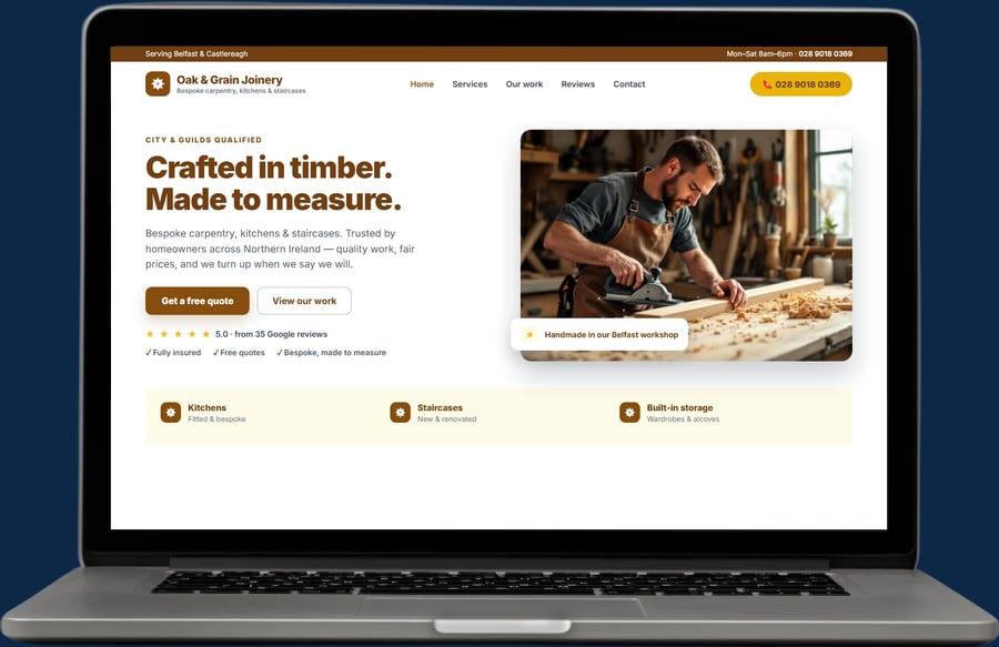 Example carpentry website by The Website Pal — Oak & Grain Joinery demo site on a laptop