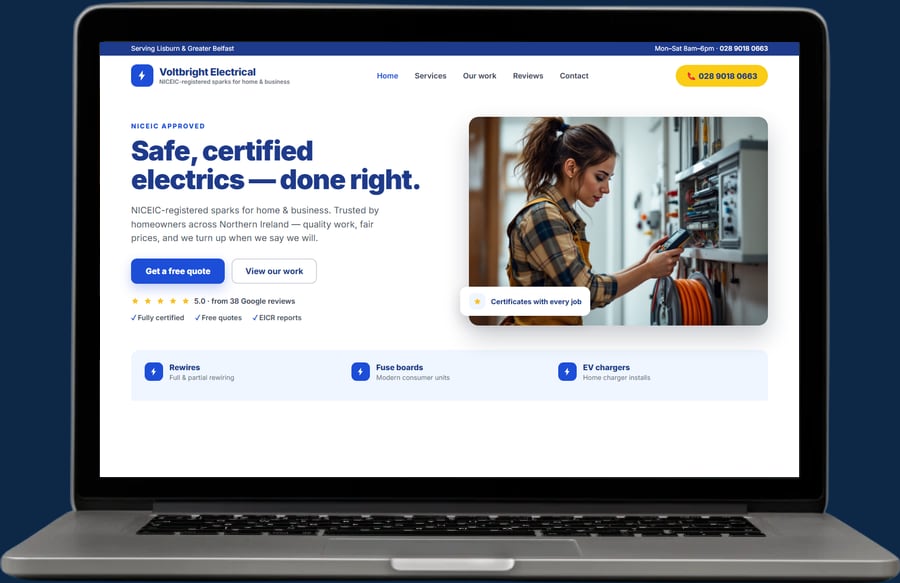 Example electrical website by The Website Pal — Voltbright Electrical demo site on a laptop