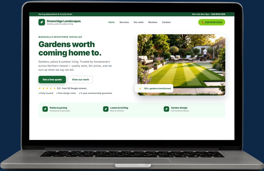 Example landscaping website by The Website Pal — Greenridge Landscapes demo site on a laptop
