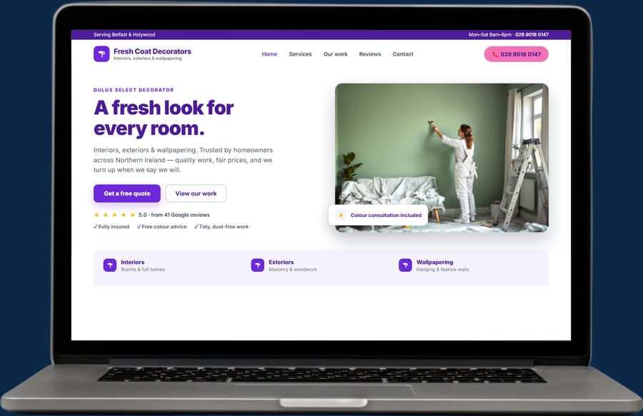 Example painting and decorating website by The Website Pal — Fresh Coat Decorators demo site on a laptop