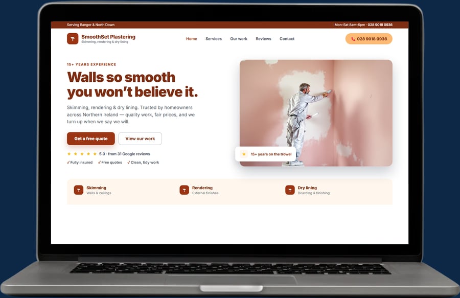 Example plastering website by The Website Pal — SmoothSet Plastering demo site on a laptop