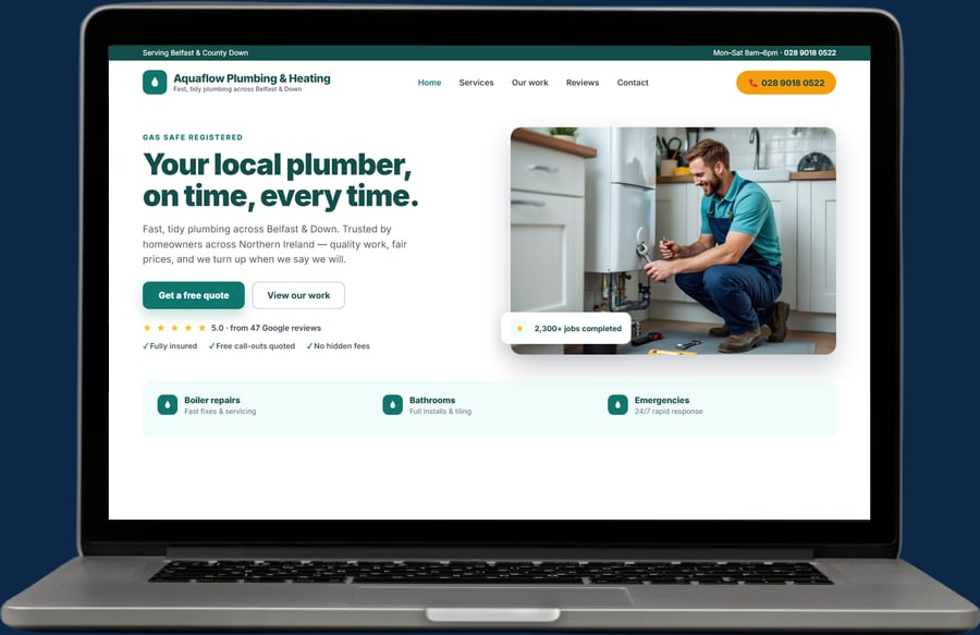 Example plumbing website by The Website Pal — Aquaflow Plumbing & Heating demo site on a laptop