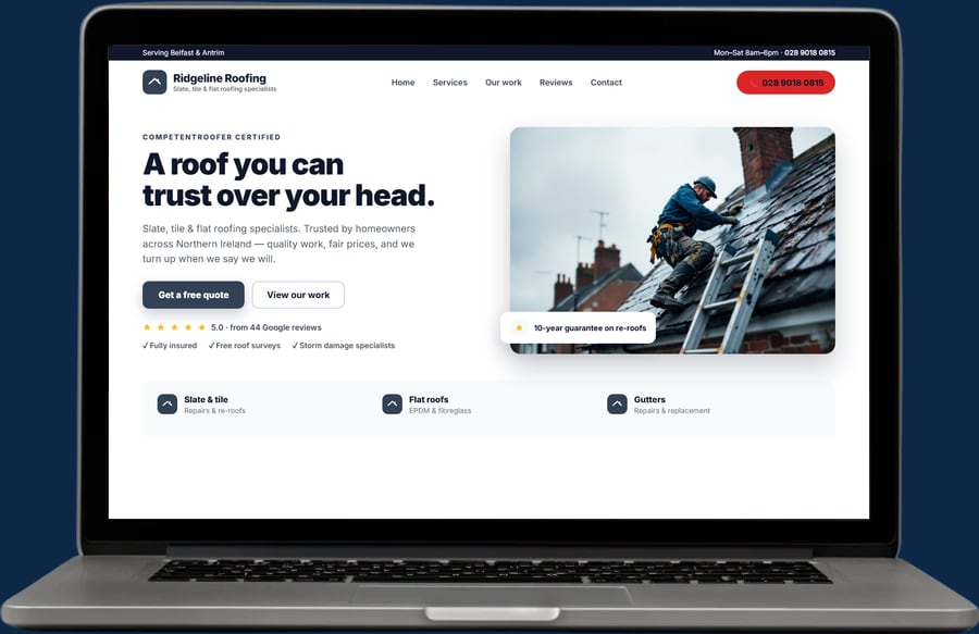Example roofing website by The Website Pal — Ridgeline Roofing demo site on a laptop