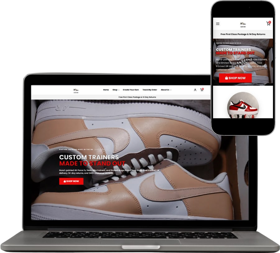 Clean Kicks ecommerce website on laptop and phone