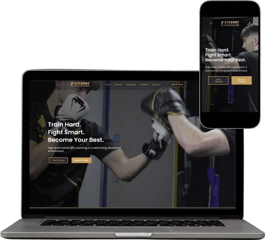 Stewart Martial Arts website on laptop and phone